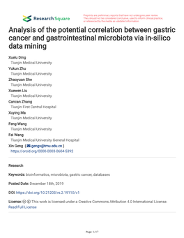 Analysis of the Potential Correlation Between Gastric Cancer and Gastrointestinal Microbiota Via In-Silico Data Mining