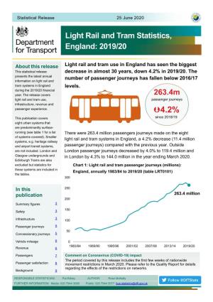 Light Rail and Tram Statistics, England: 2019/20