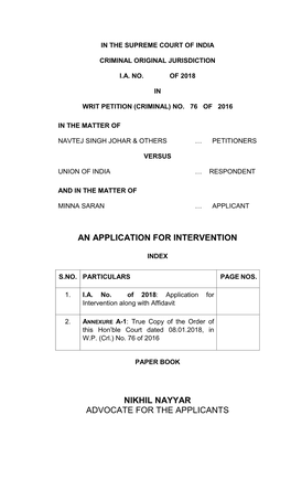 An Application for Intervention Nikhil Nayyar Advocate for the Applicants