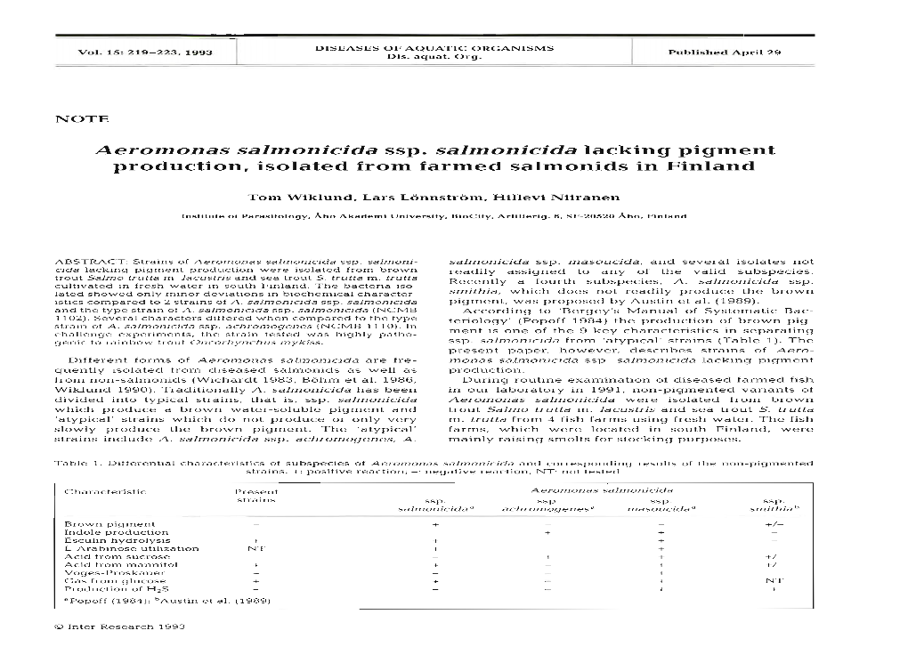 Aeromonas Salmonicida Ssp. Salmonicida Lacking Pigment Production, Isolated from Farmed Salmonids in Finland