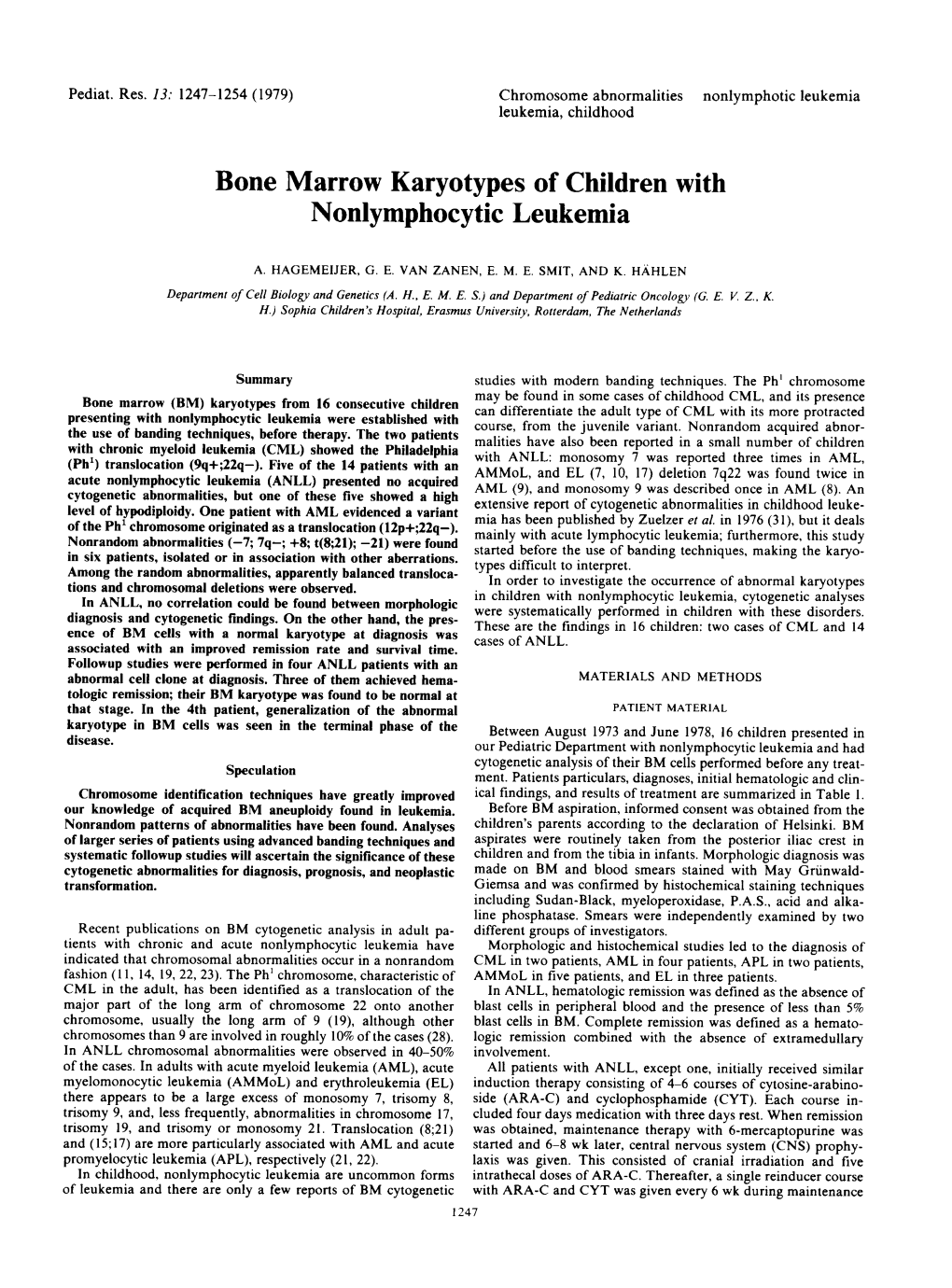 Bone Marrow Karyotypes of Children with Nonlymphocytic Leukemia