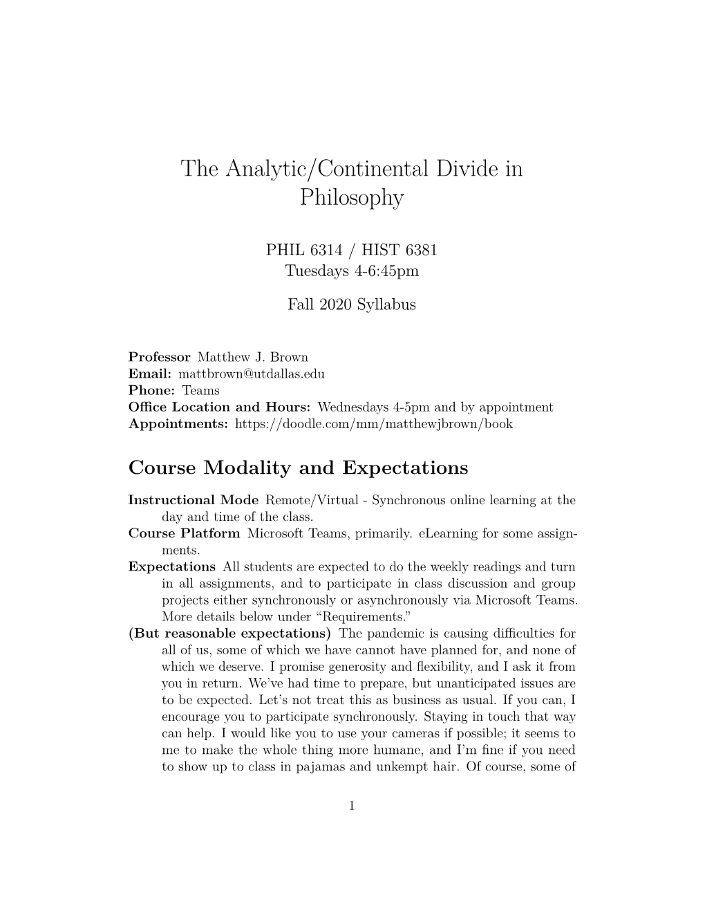 The Analytic/Continental Divide in Philosophy, Fall 2020