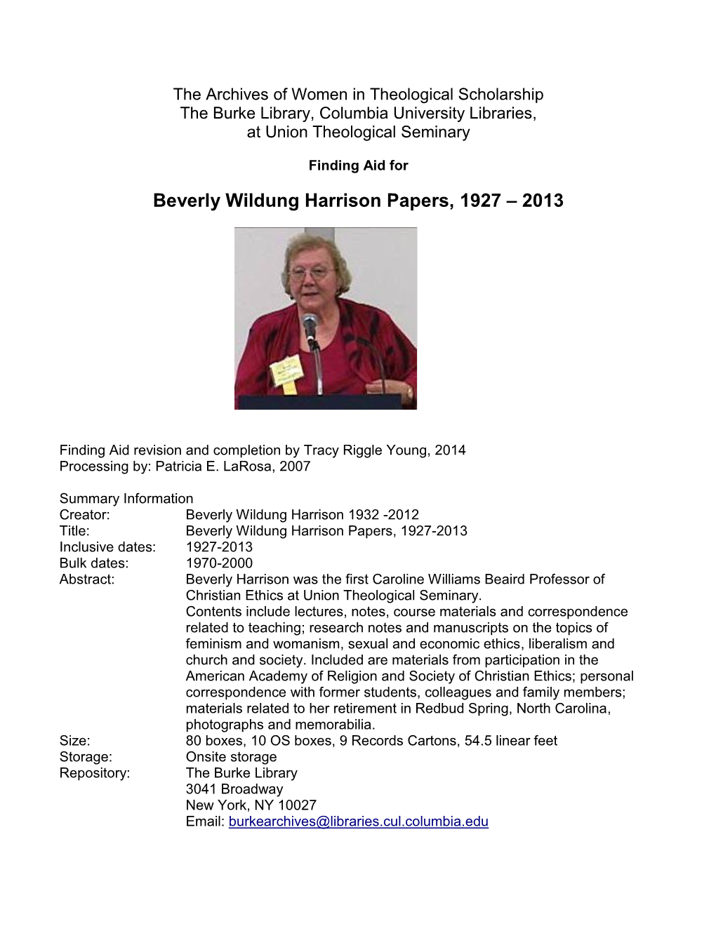 AWTS: Beverly Wildung Harrison Papers, 1927-2013