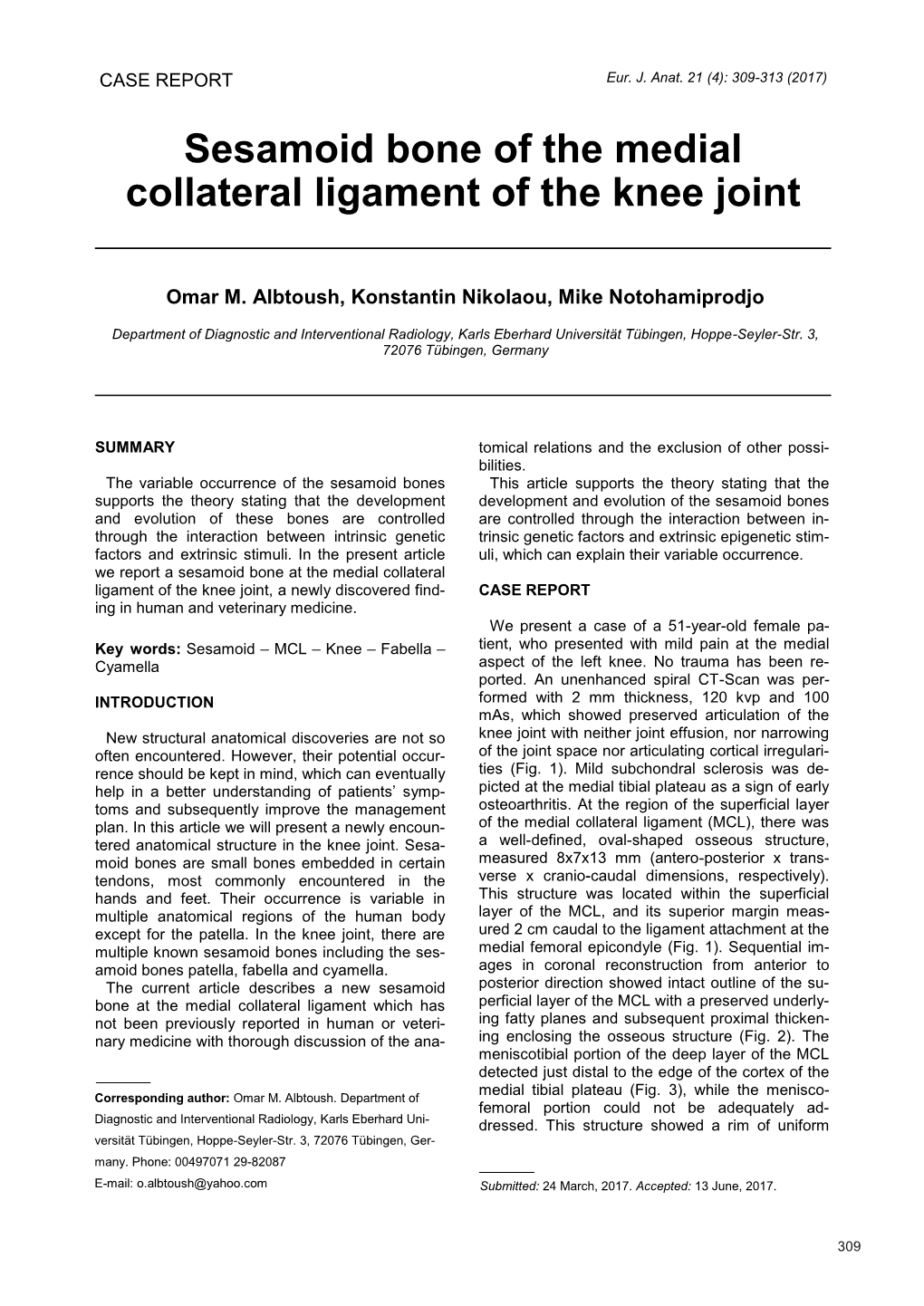 Sesamoid Bone of the Medial Collateral Ligament of the Knee Joint