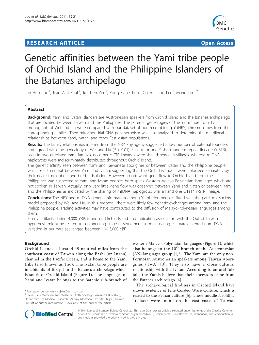 Genetic Affinities Between the Yami Tribe People of Orchid Island And