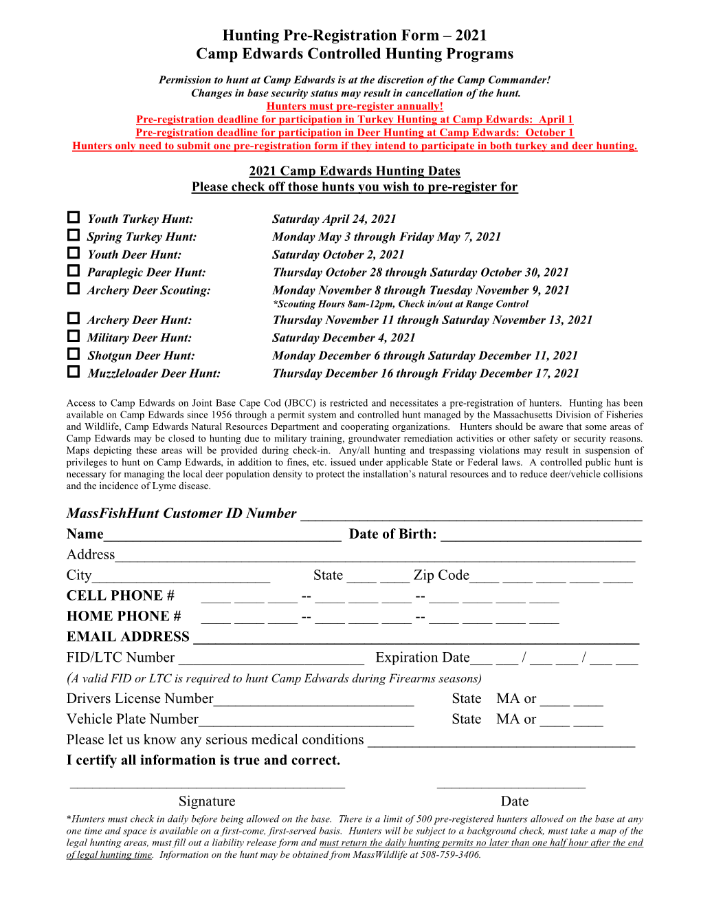 Hunting Pre-Registration Form – 2021 Camp Edwards Controlled Hunting Programs