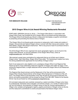 2015 Oregon Wine A-List Award-Winning Restaurants Revealed