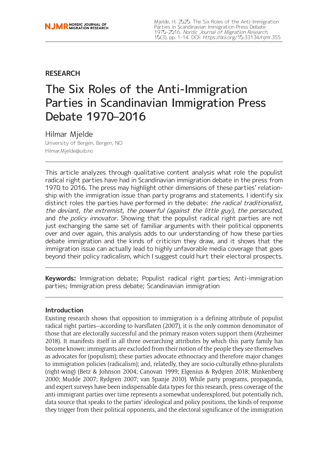 The Six Roles of the Anti-Immigration Parties in Scandinavian Immigration Press Debate 1970–2016