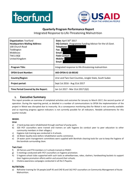 Quarterly Program Performance Report Integrated Response to Life-Threatening Malnutrition