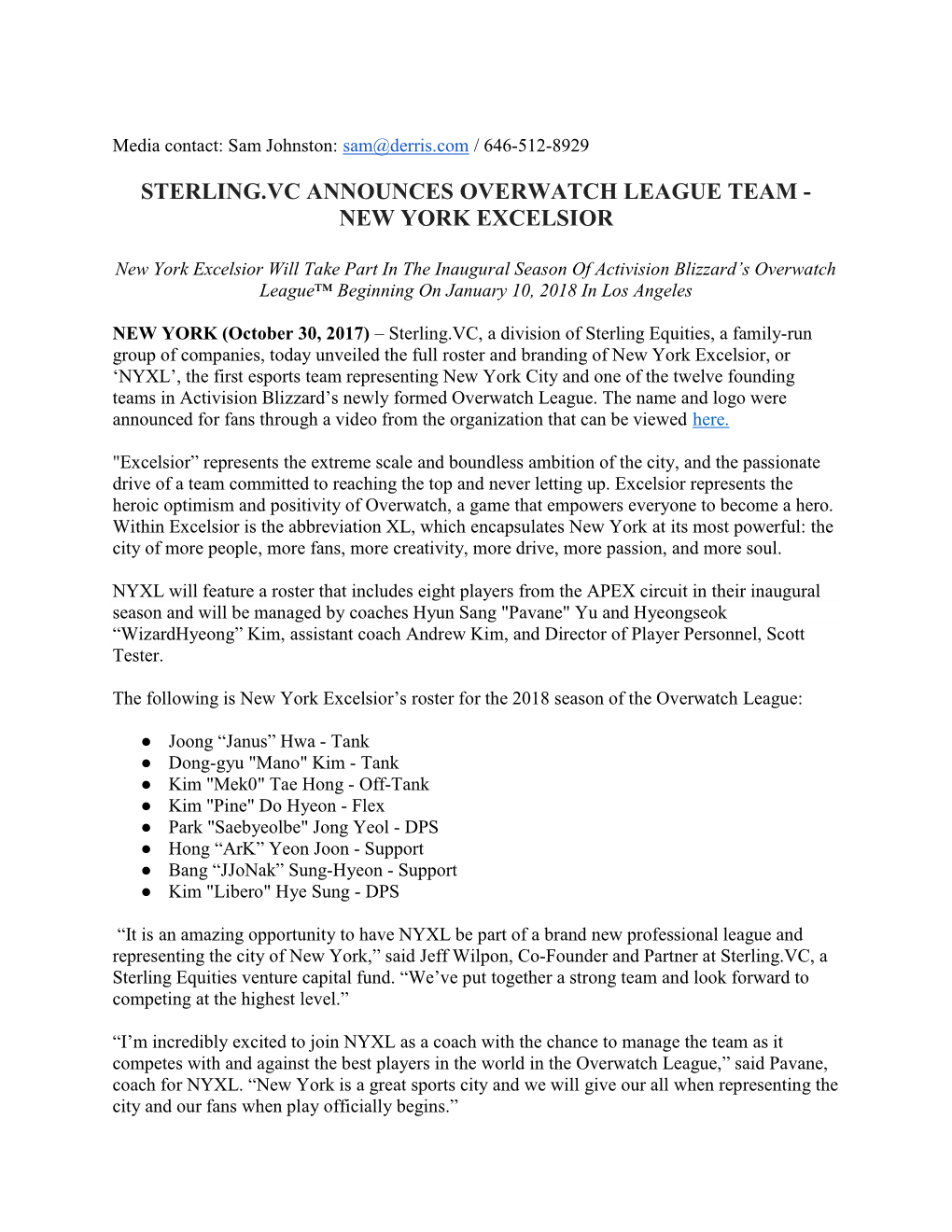 Sterling.Vc Announces Overwatch League Team - New York Excelsior