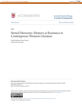 Storied Memories: Memory As Resistance in Contemporary Women's Literature Sarah Katherine Foust Vinson Loyola University Chicago