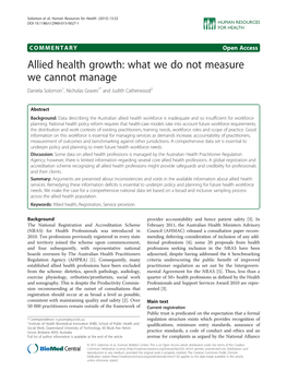 Allied Health Growth: What We Do Not Measure We Cannot Manage Daniela Solomon1, Nicholas Graves1* and Judith Catherwood2