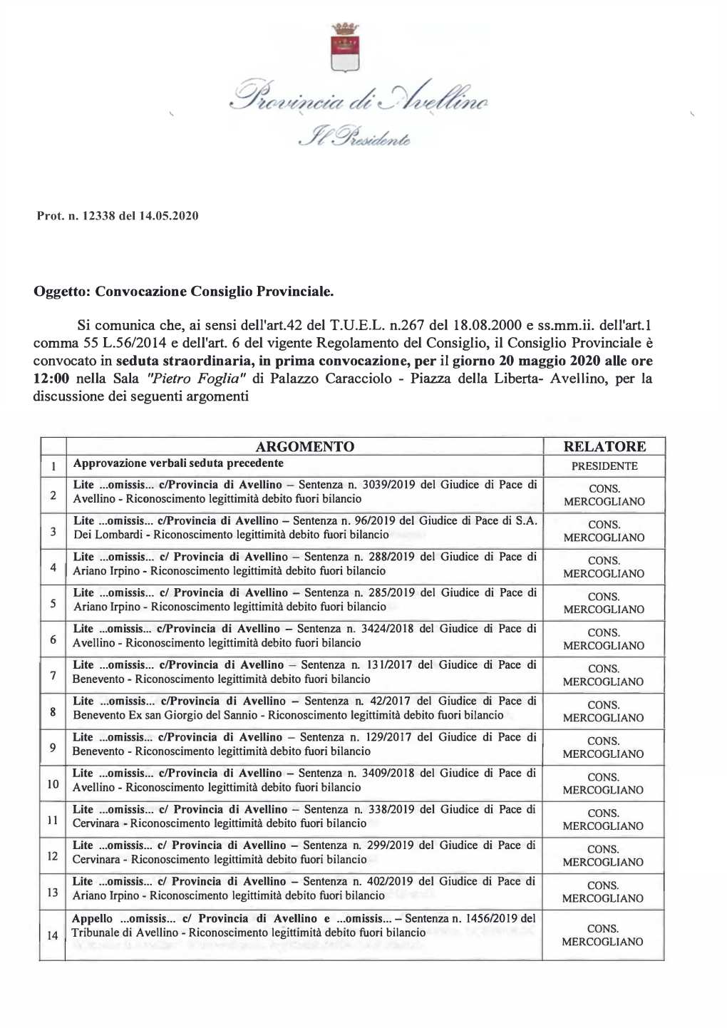 Convocazione Consiglio Provinciale 20 Maggio