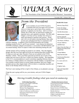 UUMA News the Newsletter of the Unitarian Universalist Ministers’ Association