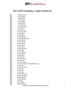 1987 Topps Baseball Card Checklist