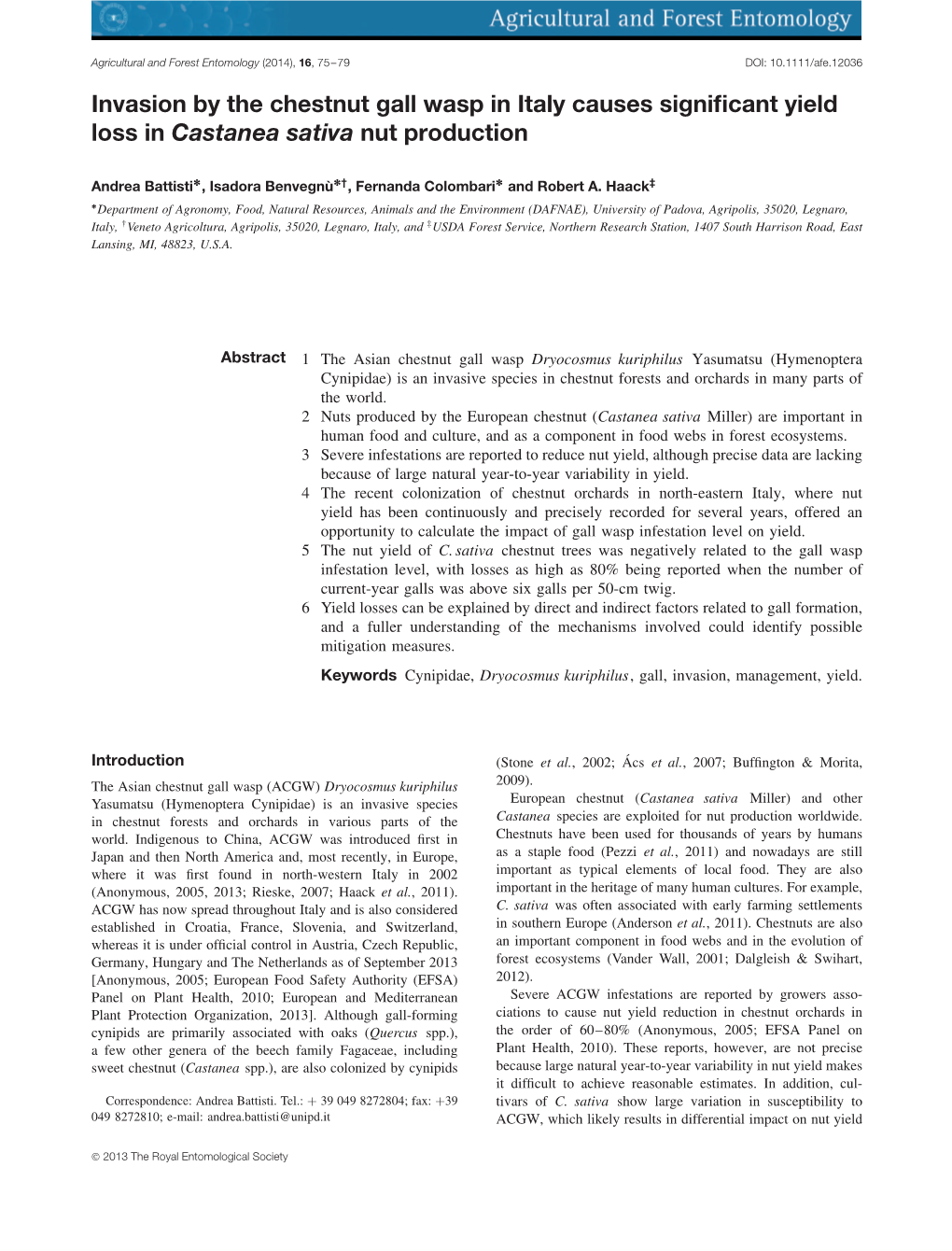 Invasion by the Chestnut Gall Wasp in Italy Causes Significant Yield Loss In