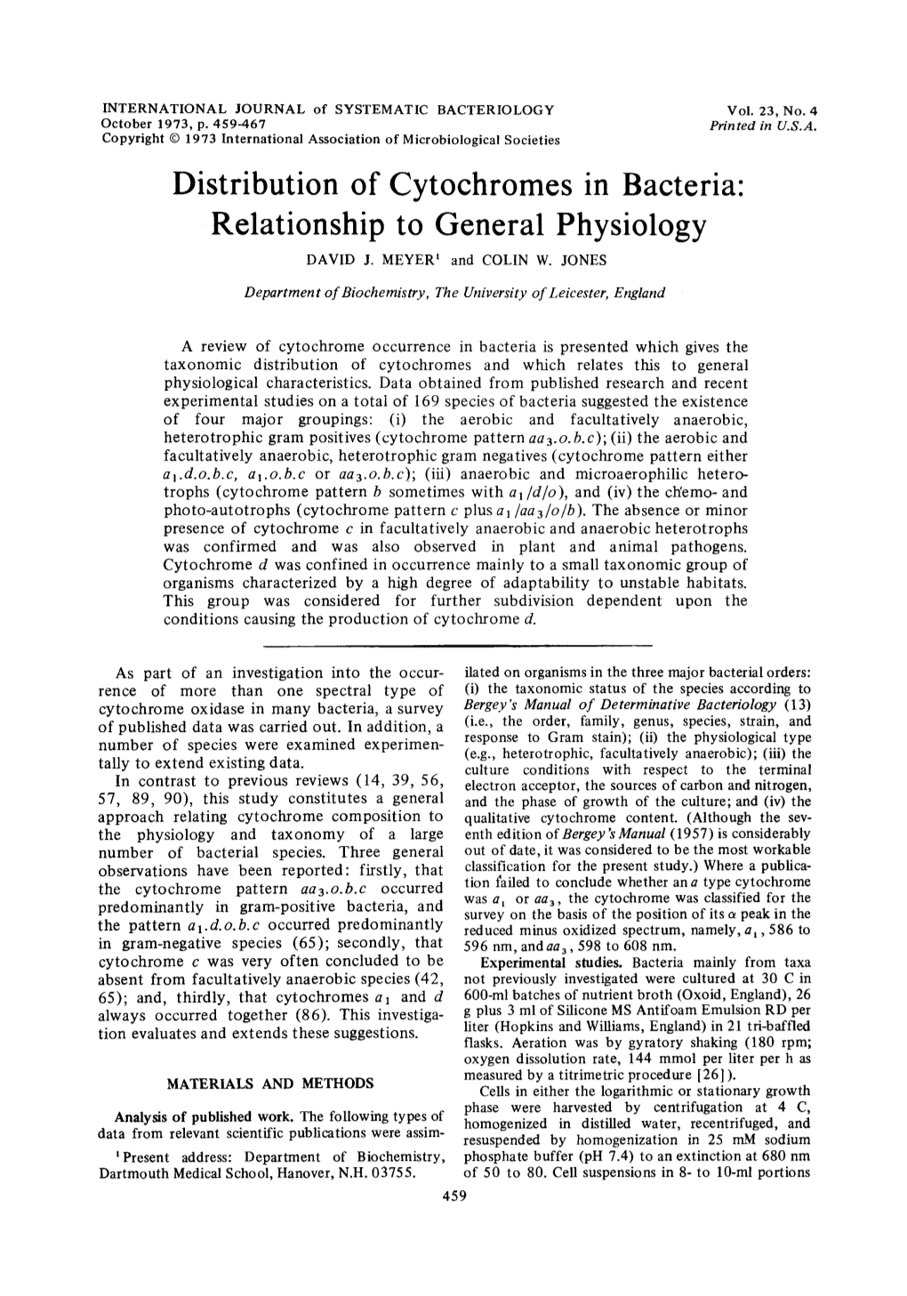 Distribution of Cytochromes in Bacteria: Relationship to General Physiology DAVID J