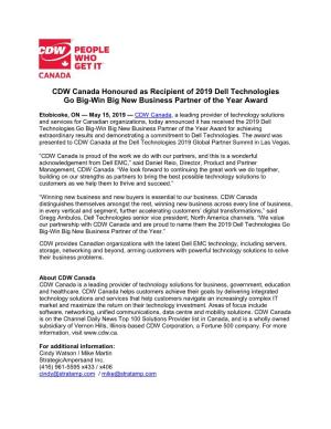 CDW Canada Honoured As Recipient of 2019 Dell Technologies Go Big-Win Big New Business Partner of the Year Award