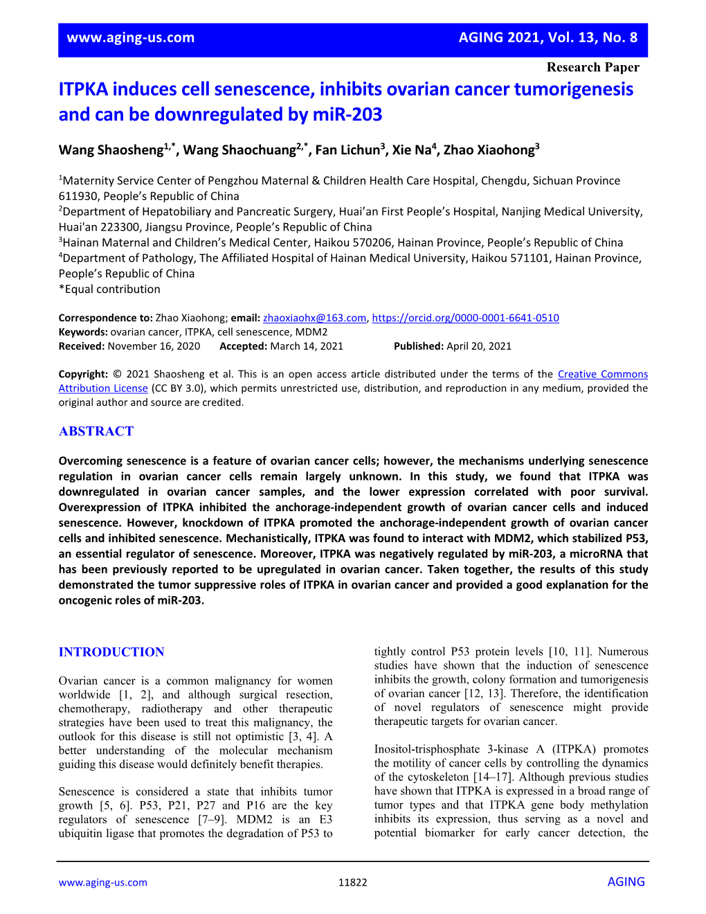 ITPKA Induces Cell Senescence, Inhibits Ovarian Cancer Tumorigenesis and Can Be Downregulated by Mir-203