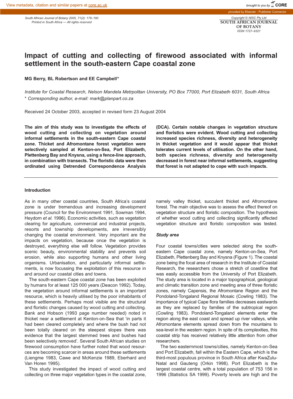 Impact of Cutting and Collecting of Firewood Associated with Informal Settlement in the South-Eastern Cape Coastal Zone