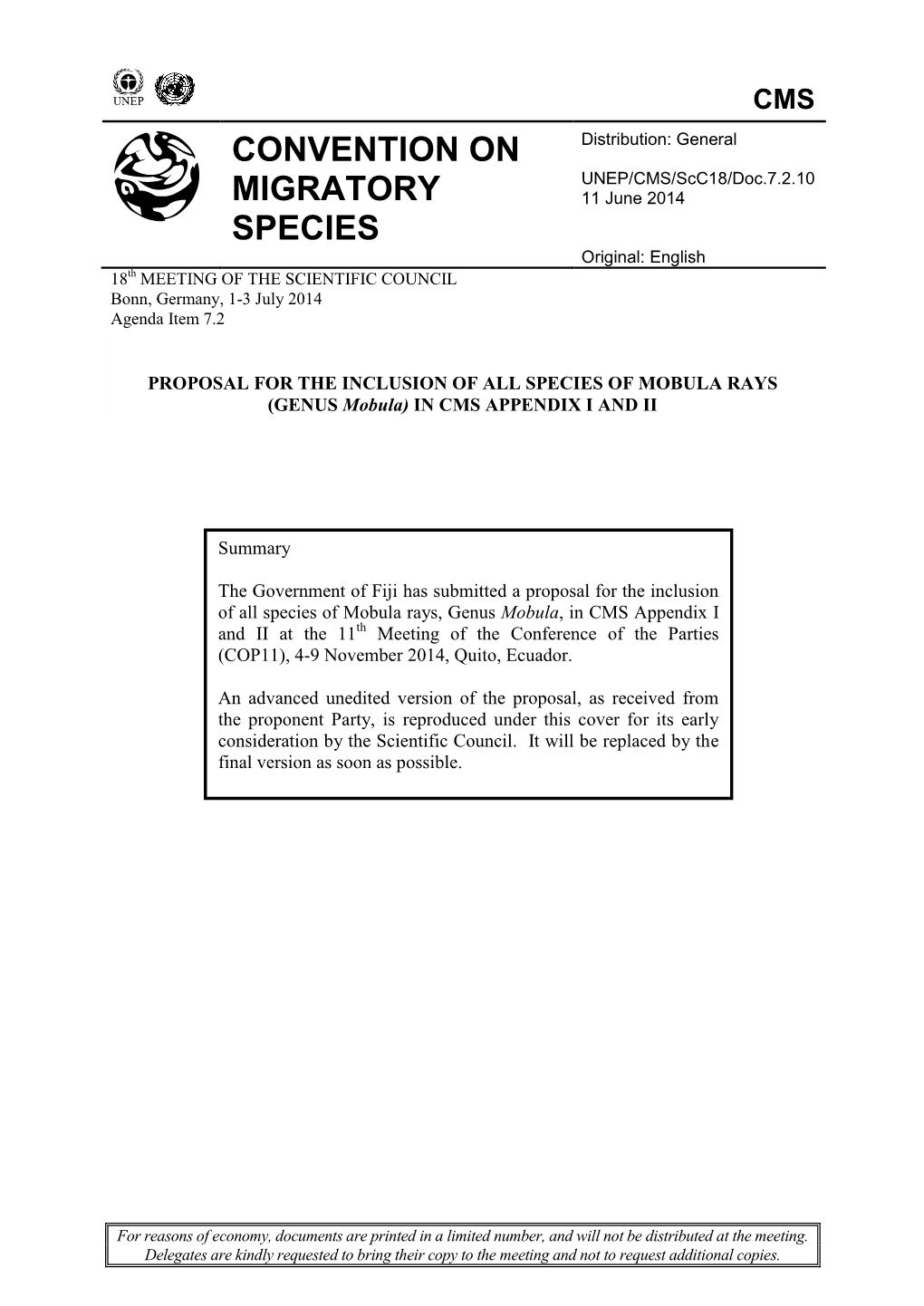 GENUS Mobula) in CMS APPENDIX I and II