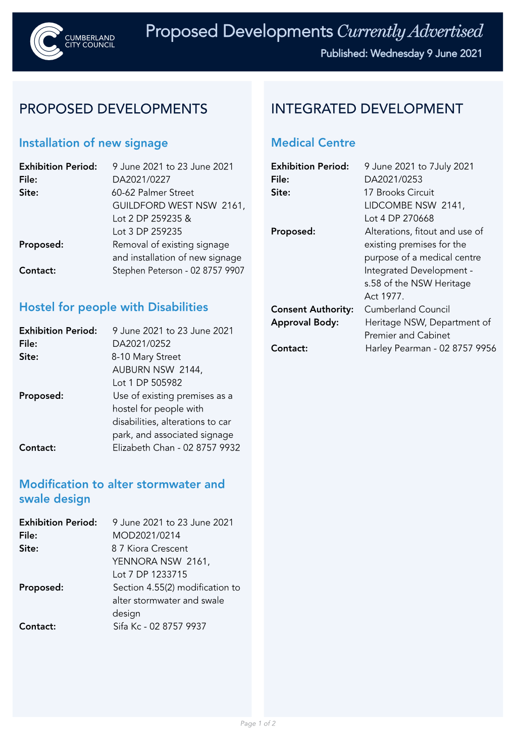 Proposed Developments Currently Advertised CITY COUNCIL Published: Wednesday 9 June 2021