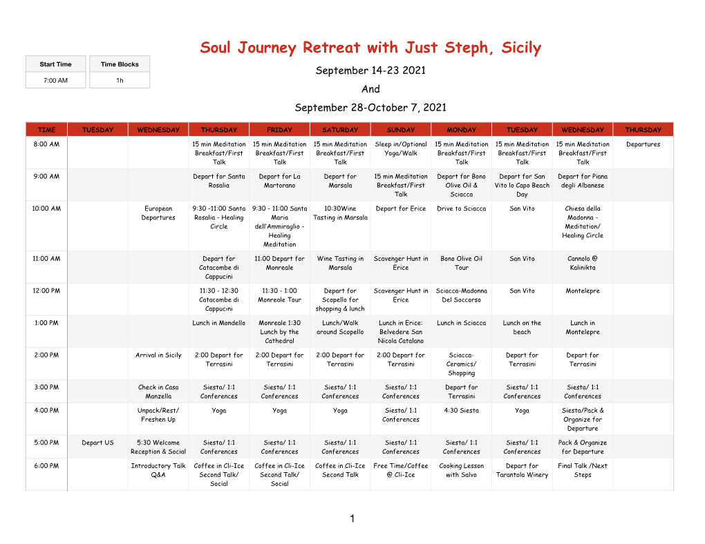 Soul Journet Retreat in Sicily Itinerary
