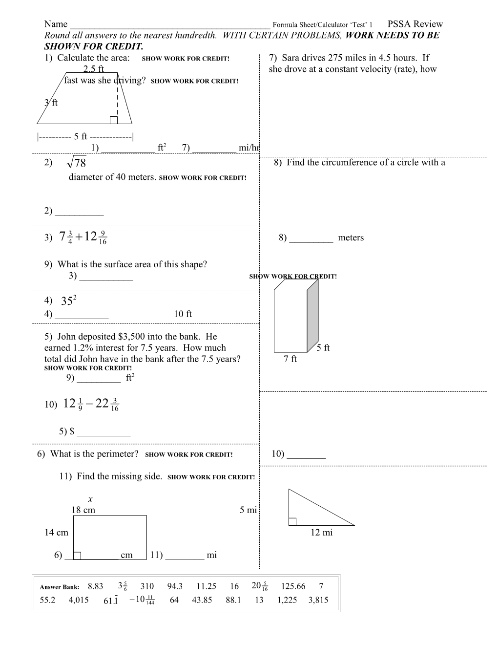 Name ______ Formula Sheet/Calculator Test PSSA Review