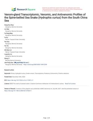 Venom-Gland Transcriptomic, Venomic, and Antivenomic Profles of the Spine-Bellied Sea Snake (Hydrophis Curtus) from the South China Sea