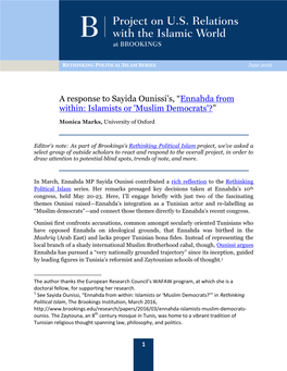 A Response to Sayida Ounissi's, “Ennahda from Within: Islamists Or 'Muslim Democrats'?”