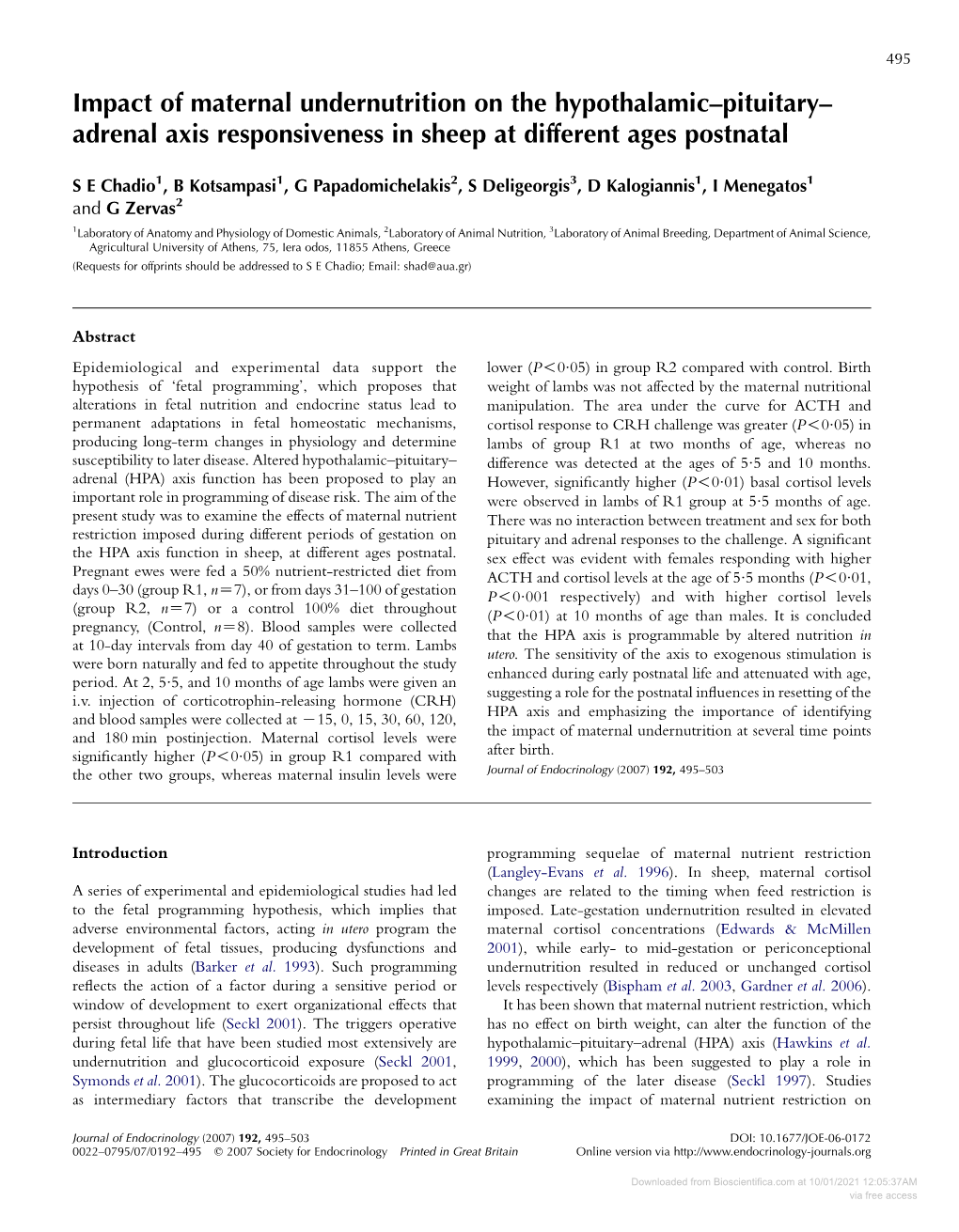 Impact of Maternal Undernutrition on the Hypothalamic–Pituitary– Adrenal Axis Responsiveness in Sheep at Different Ages Postnatal