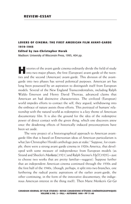 LOVERS of CINEMA: the FIRST AMERICAN FILM AVANT-GARDE 1919-1945 Edited by Jan-Christopher Horak Madison: University of Wisconsin Press, 1995, 404 Pp