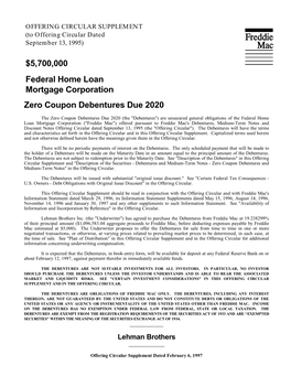 Zero Coupon Debentures Due 2020 $5,700,000 Federal Home Loan