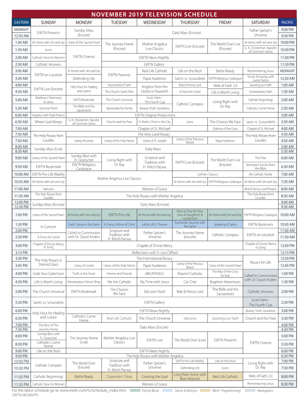 November 2019 Television Schedule