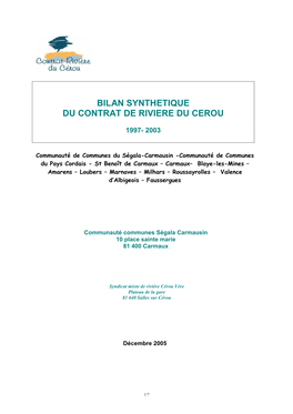 Synthèse Du Bilan Du Contrat De Rivière(1997