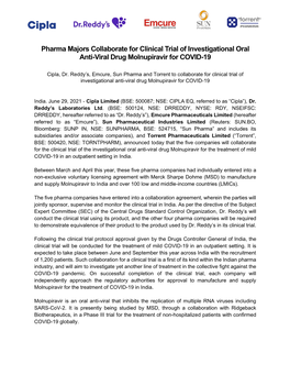 Pharma Majors Collaborate for Clinical Trial of Investigational Oral Anti-Viral Drug Molnupiravir for COVID-19