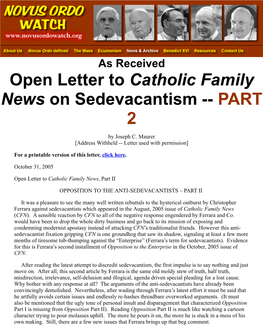 Open Letter to Catholic Family News on Sedevacantism -- PART 2