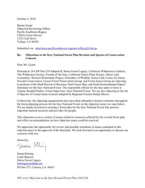 SFL Et Al. Objection to the Inyo Revised Forest Plan (10/3/18) Fran Hunt Eastern Sierra Organizer Sierra Club