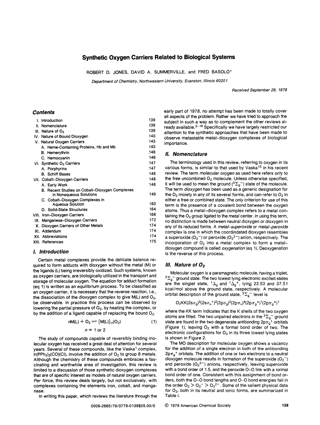 Synthetic Oxygen Carriers Related to Biological Systems