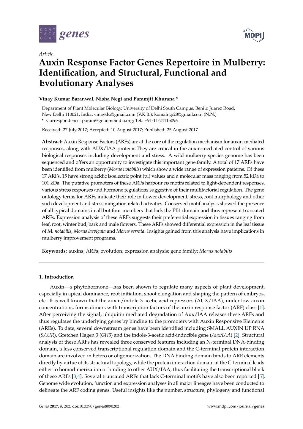 Auxin Response Factor Genes Repertoire in Mulberry: Identiﬁcation, and Structural, Functional and Evolutionary Analyses