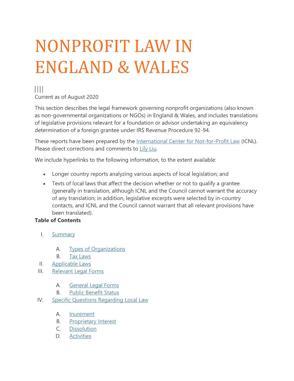 Nonprofit Law in England & Wales