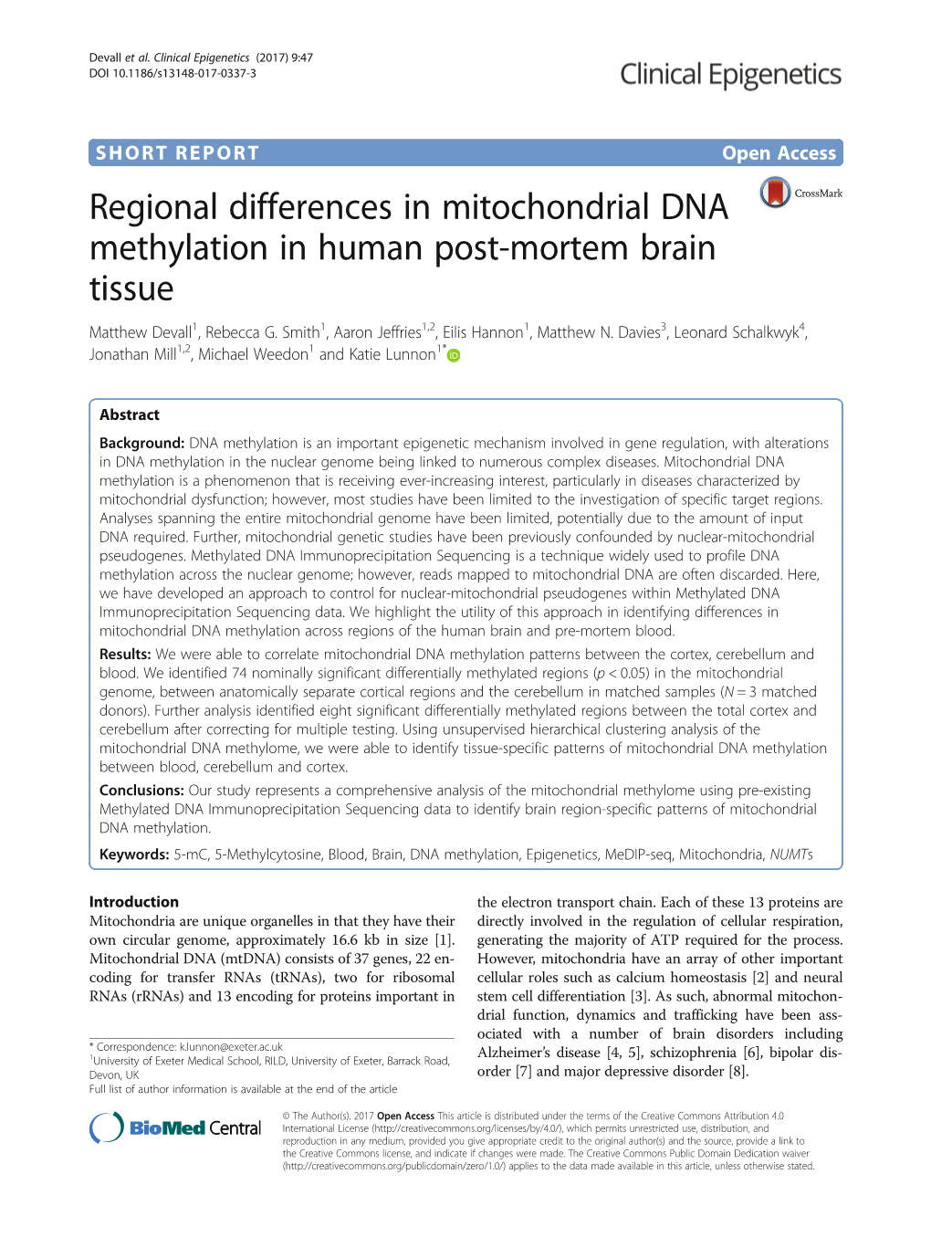 Regional Differences in Mitochondrial DNA Methylation in Human Post-Mortem Brain Tissue Matthew Devall1, Rebecca G