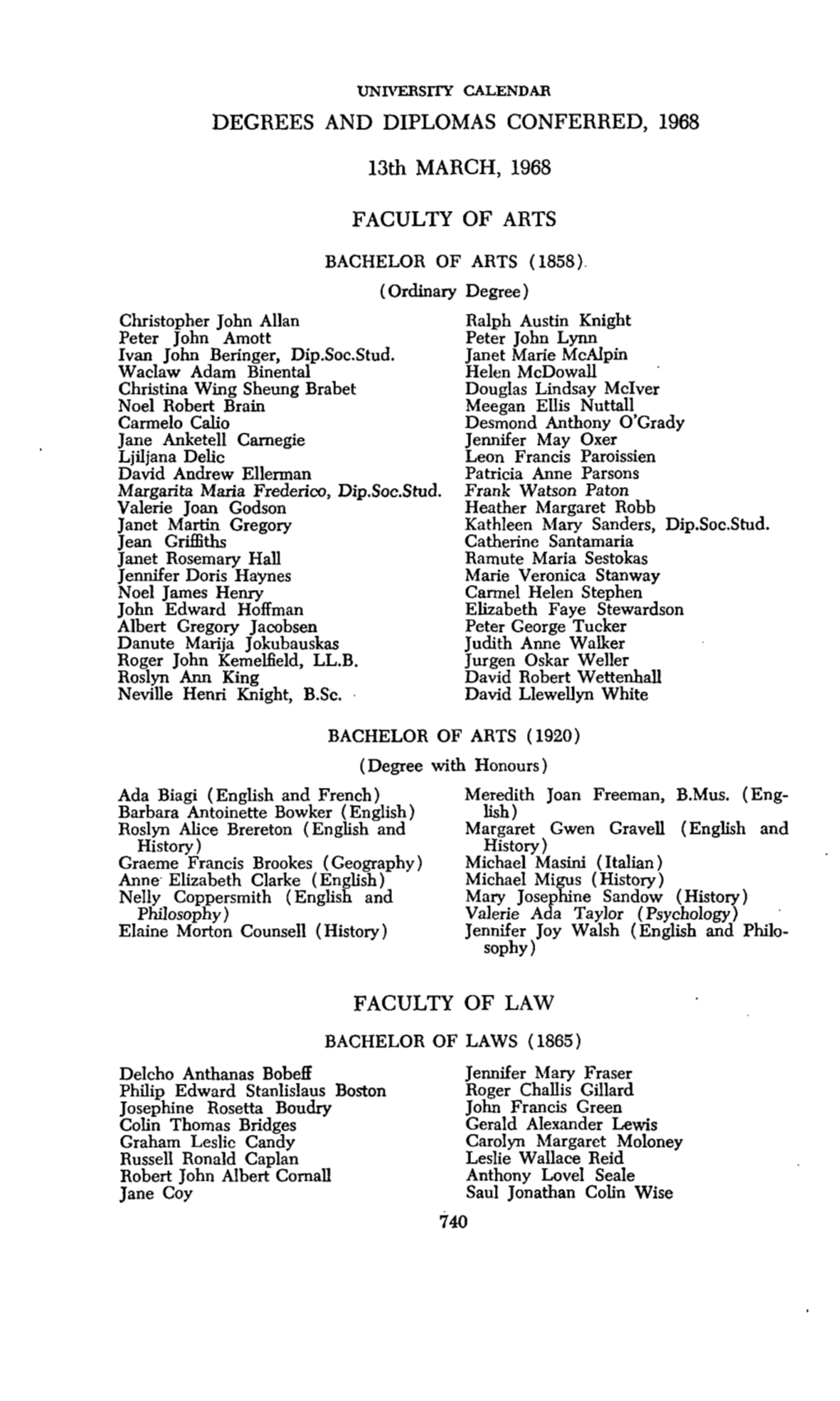 DEGREES and DIPLOMAS CONFERRED, 1968 13Th MARCH, 1968 FACULTY of ARTS FACULTY OF