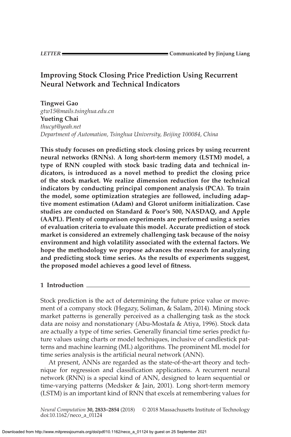 Improving Stock Closing Price Prediction Using Recurrent Neural Network and Technical Indicators