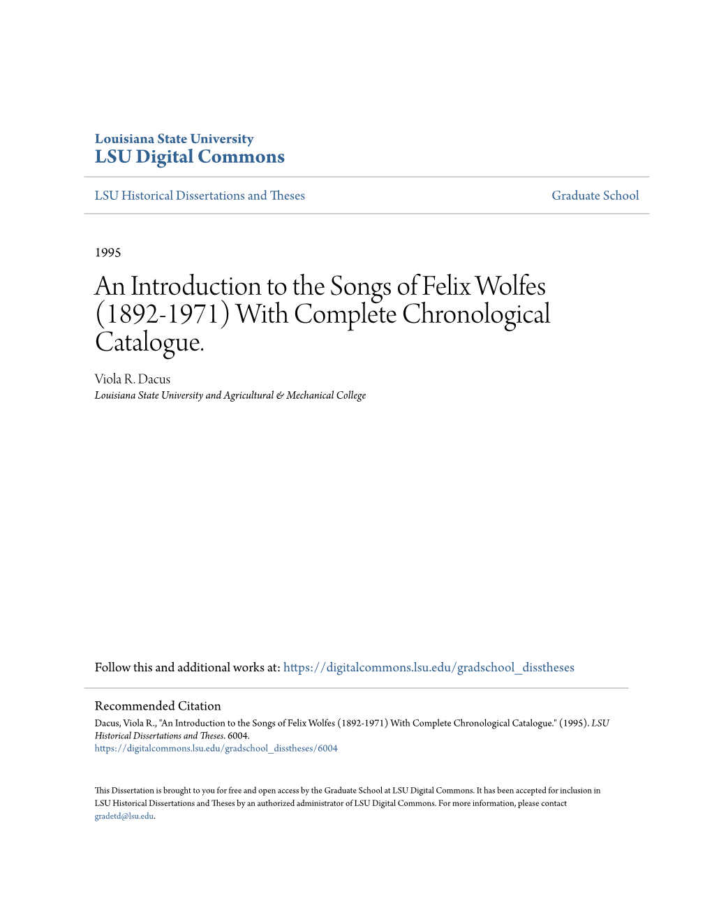 An Introduction to the Songs of Felix Wolfes (1892-1971) with Complete Chronological Catalogue