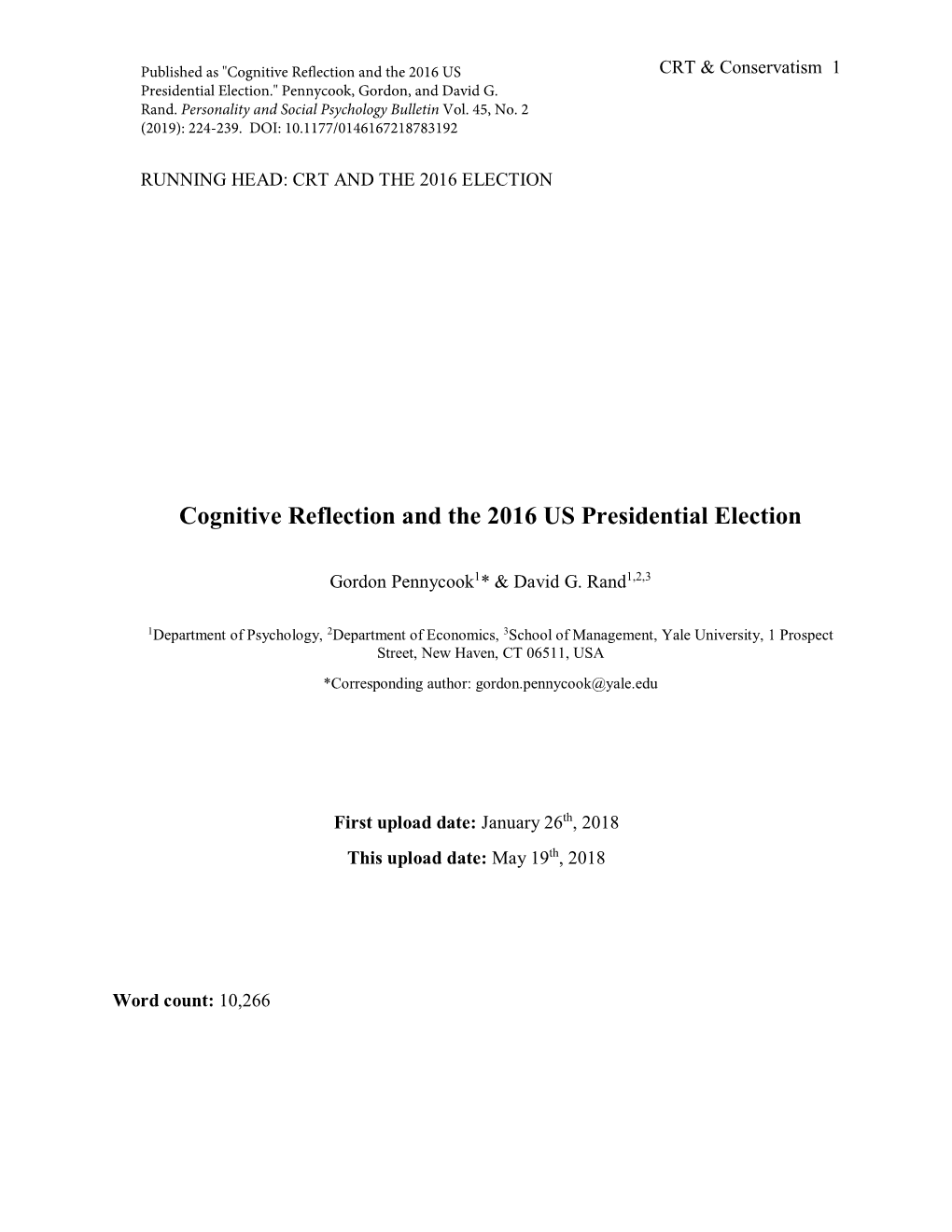 Cognitive Reflection and the 2016 US Presidential Election