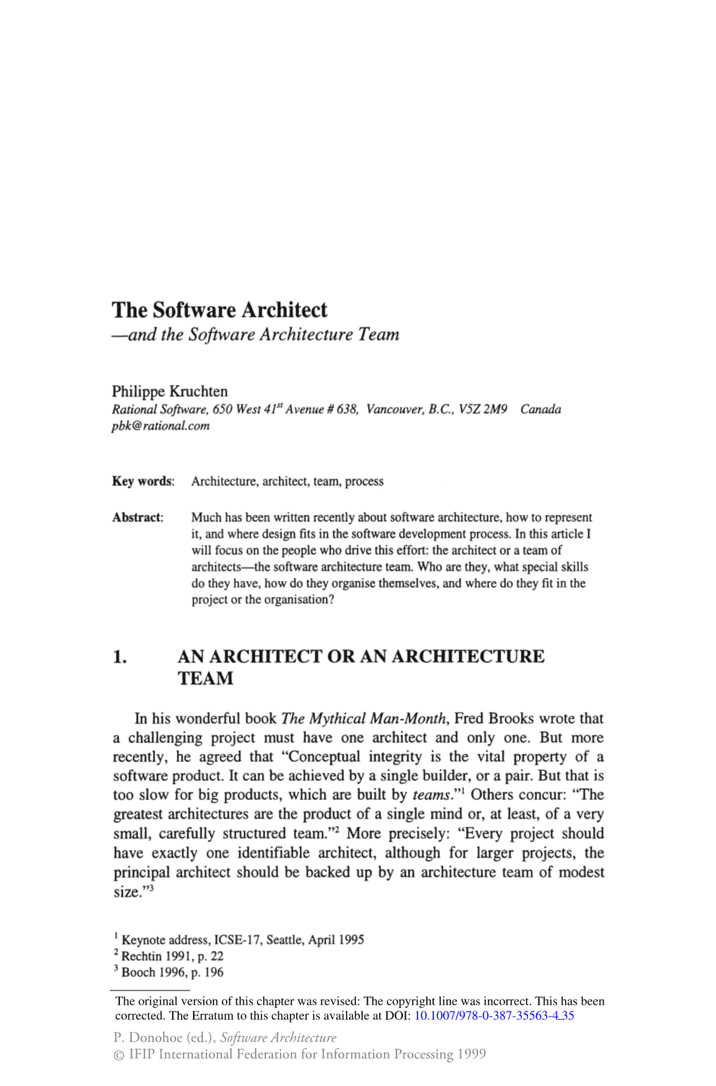 The Software Architect -And the Software Architecture Team