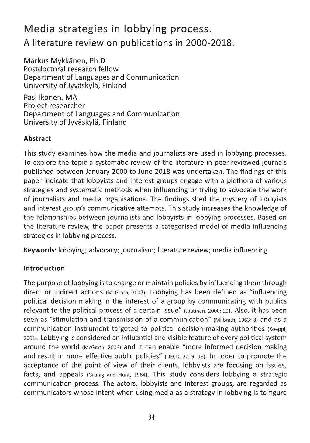 Media Strategies in Lobbying Process. a Literature Review on Publications in 2000-2018