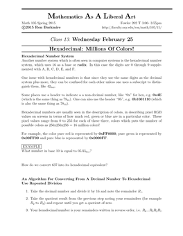 Mathematics As a Liberal Art Class 13: Wednesday February 25