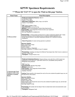 KPNW Specimen Requirements ***Please Hit 'Ctrl'+'F' to Open the 'Find on This Page' Funtion